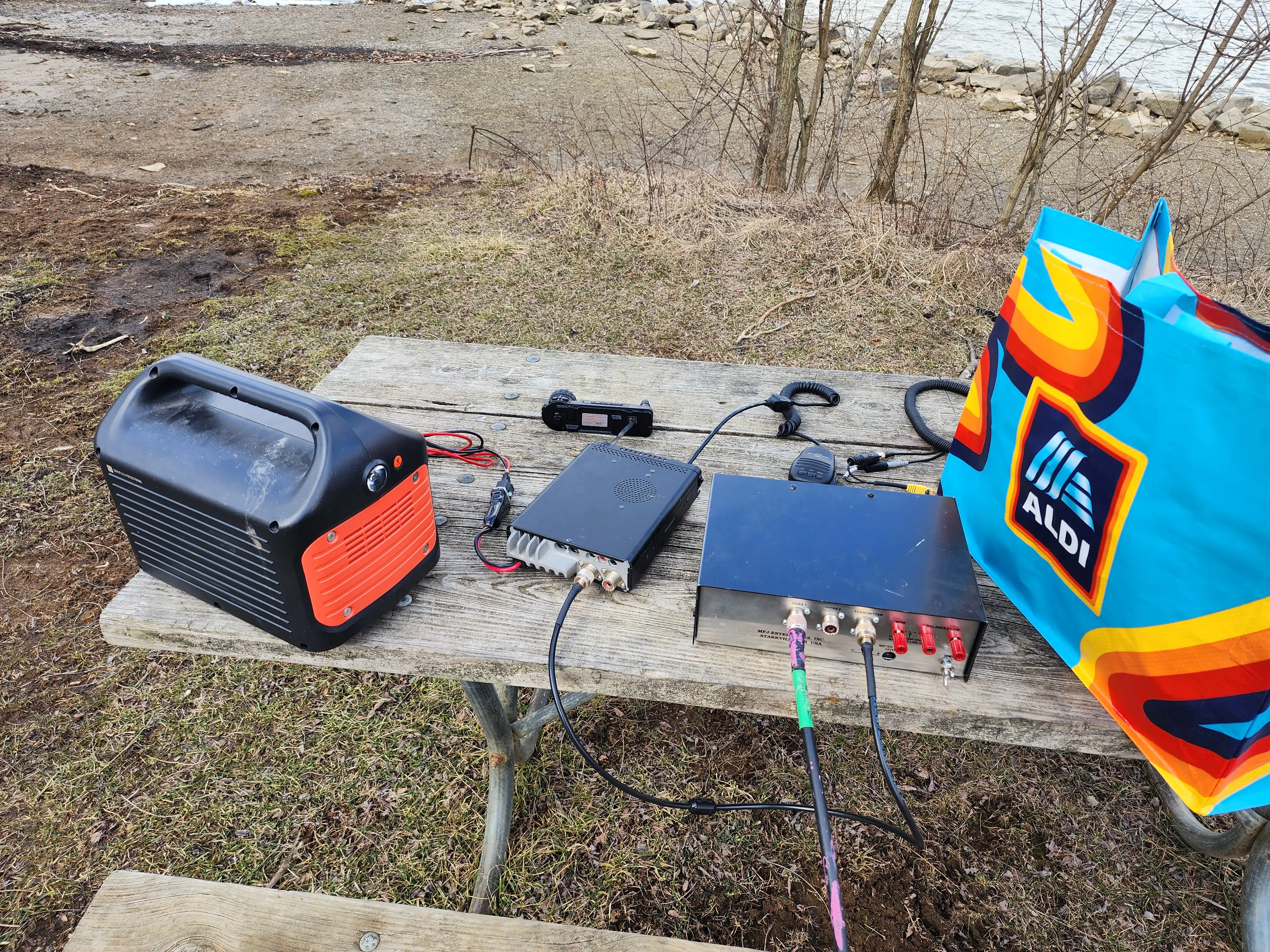 2025-03-08 POTA Setup at picnic table, with my radio, tuner, and other equipment 2025-03-08 POTA Setup at picnic table, with my radio, tuner, and other equipment