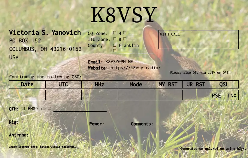 back side of QSL card