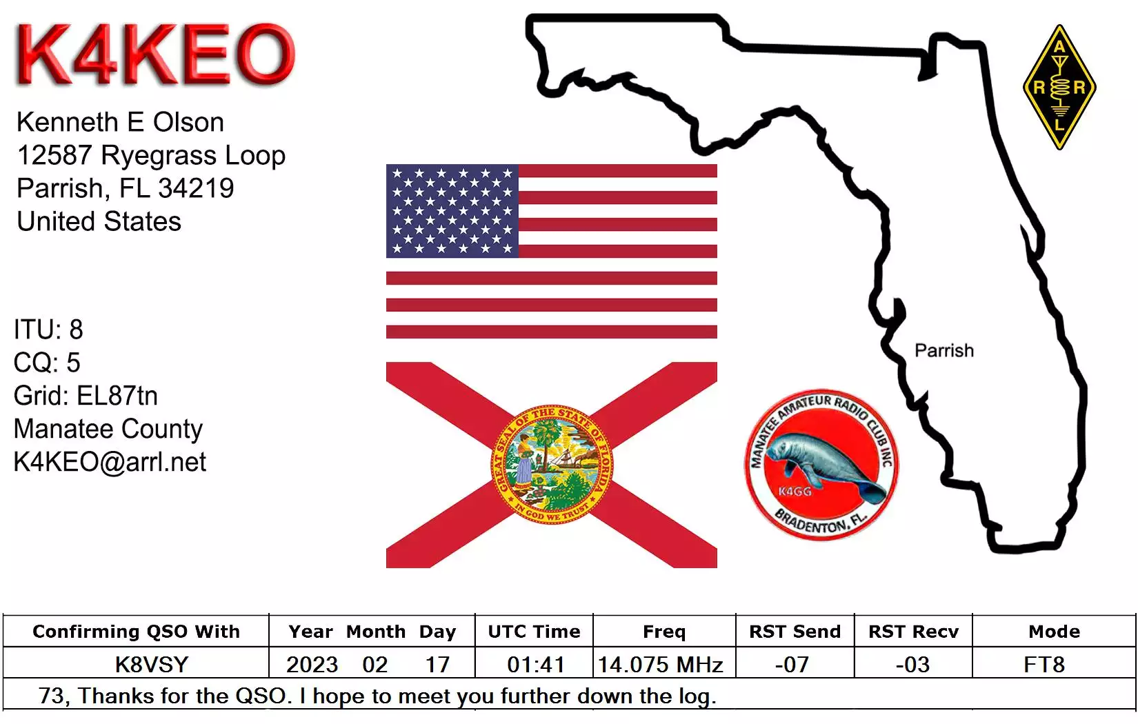 2023-02-17 K4KEO 20m FT8 digital QSO card