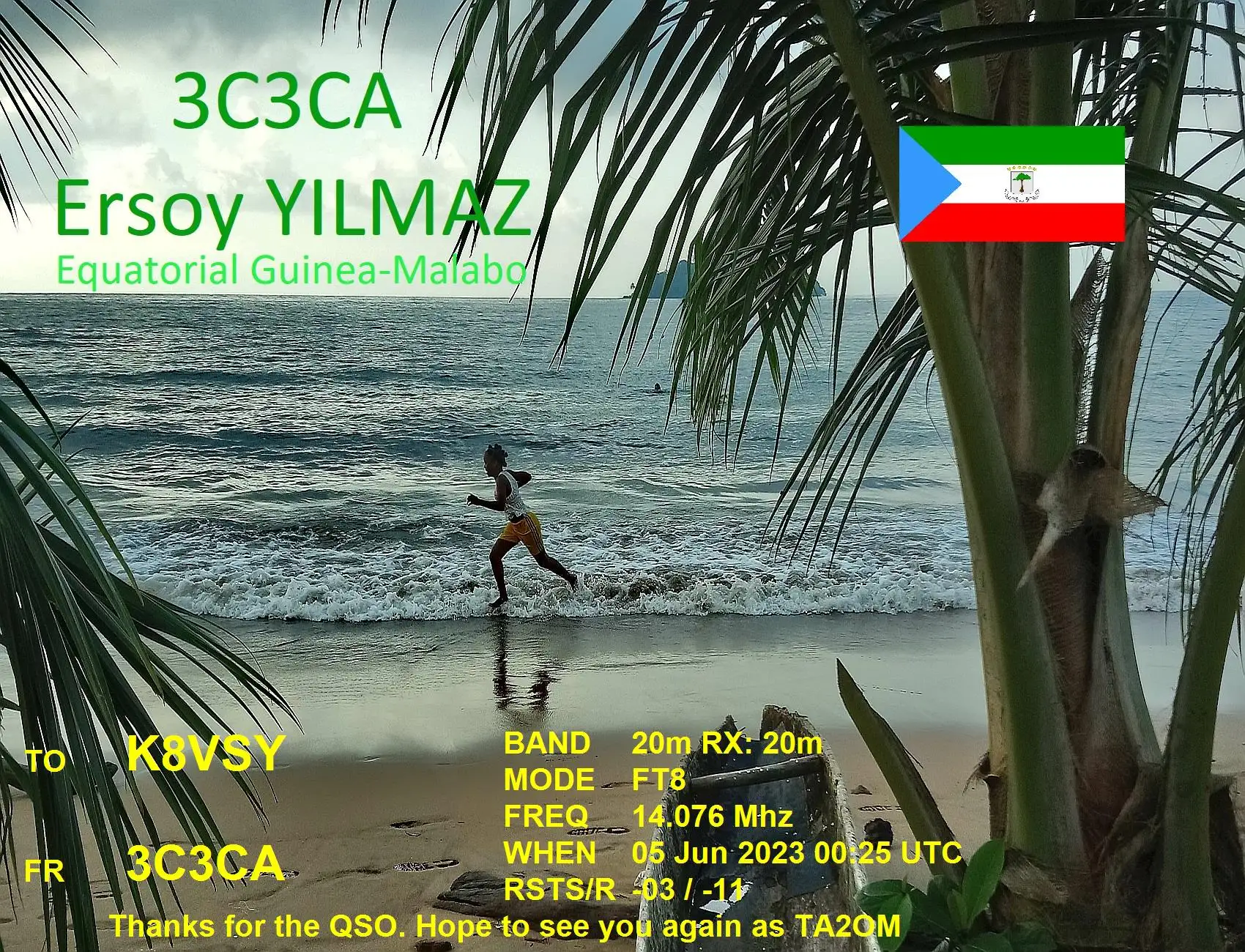 2023-06-05 3C3CA 20m FT8 digital QSO card