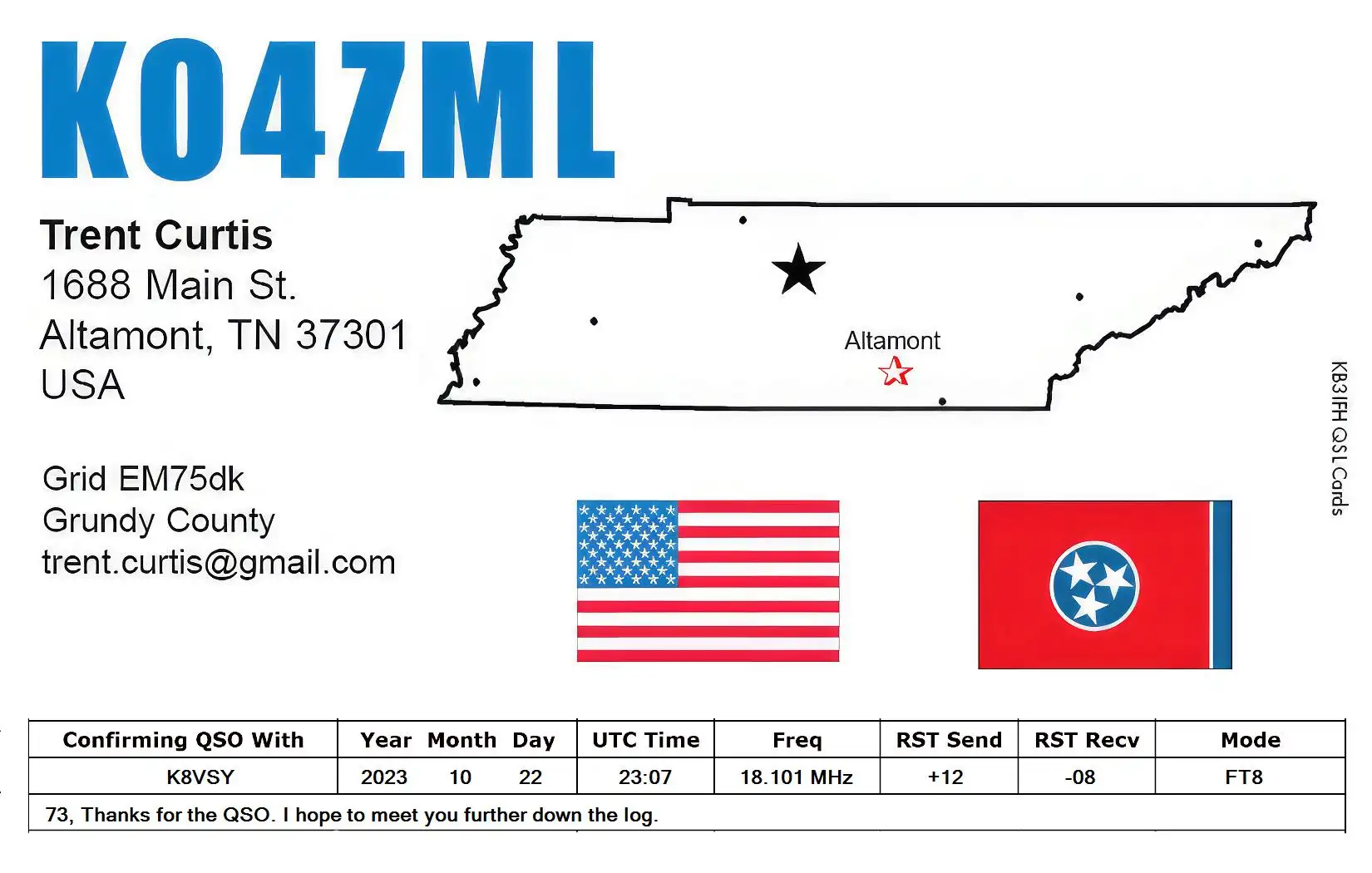 2023-10-22 KO4ZML 17m FT8 digital QSO card